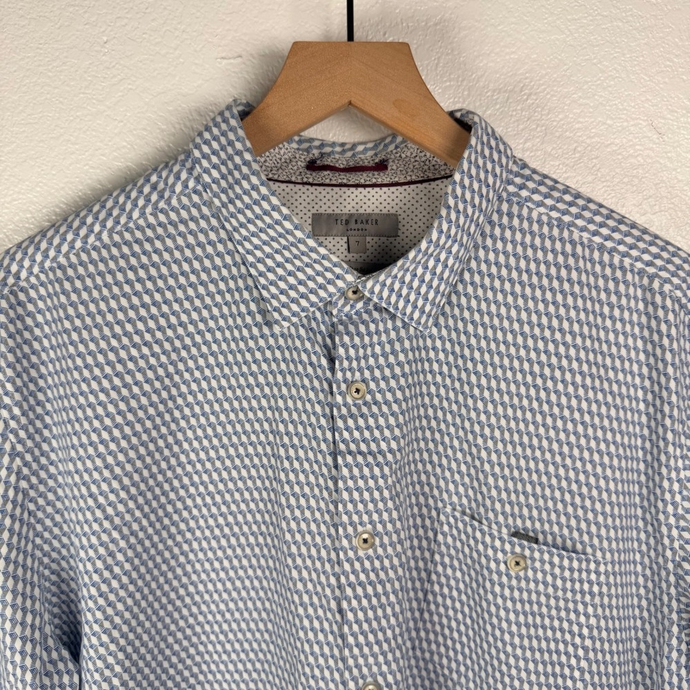 Ted Baker London Wyne Geometric Print Button Up Shirt Blue Modal Mens Size 7 3XL